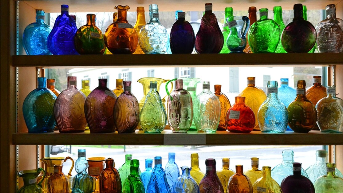 Glass bottles in the warehouse-sized Berkeley Springs Antique Mall.